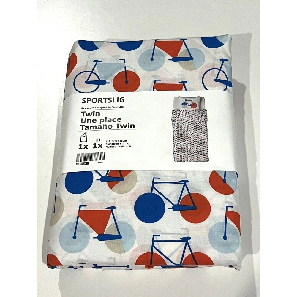 Ikea Sportslig Twin Duvet Cover + 1 Pillowcase Bicycle Pattern White Blue Orange